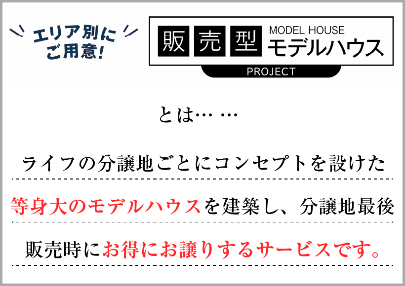 ライフの分譲ごとにコンセプトを設けた等身大のモデルハウスを建築し、分譲地最後販売時にお得にお譲りするサービスです。